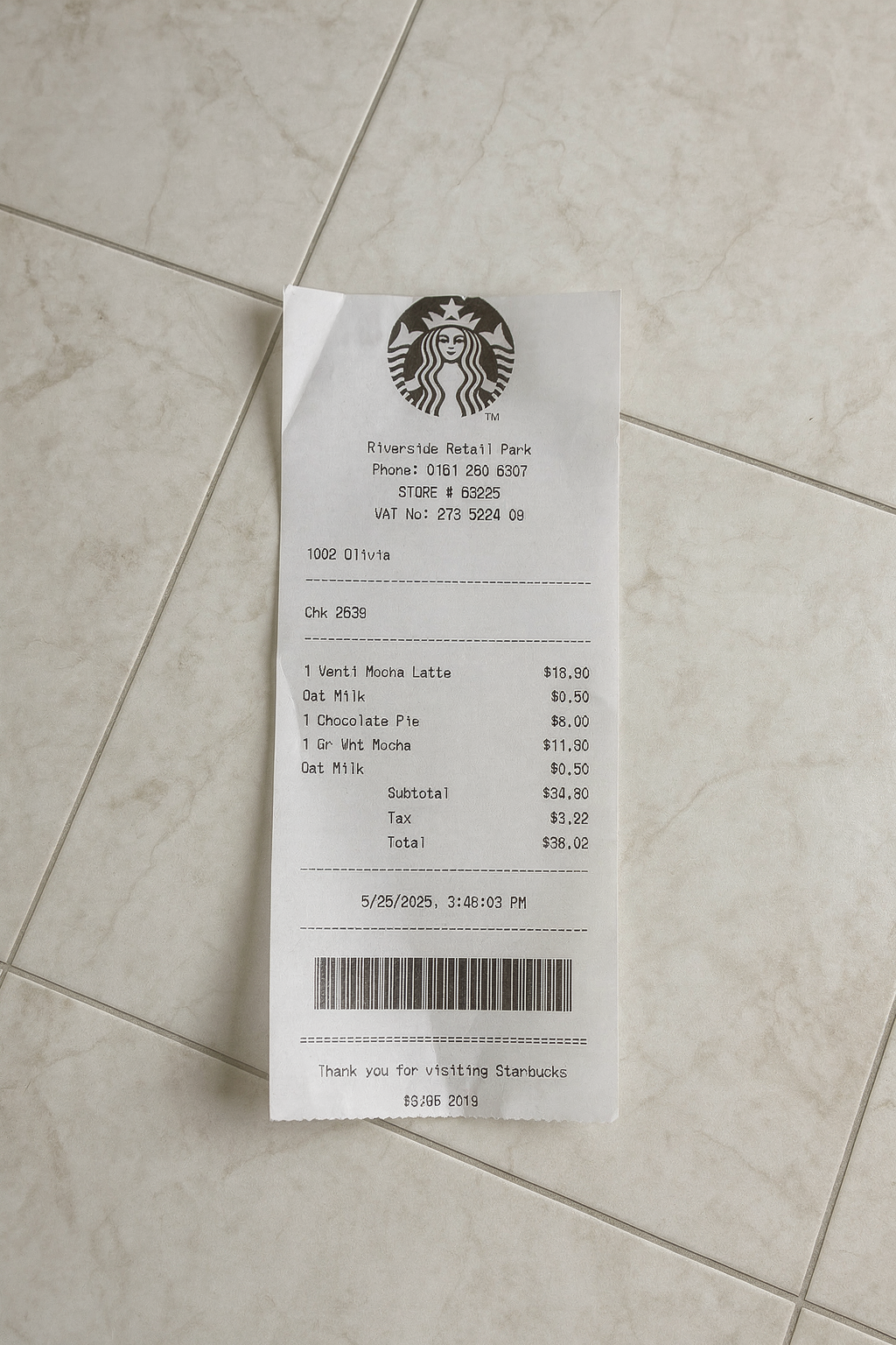 Starbucks receipt on Marble Floor — AI generated