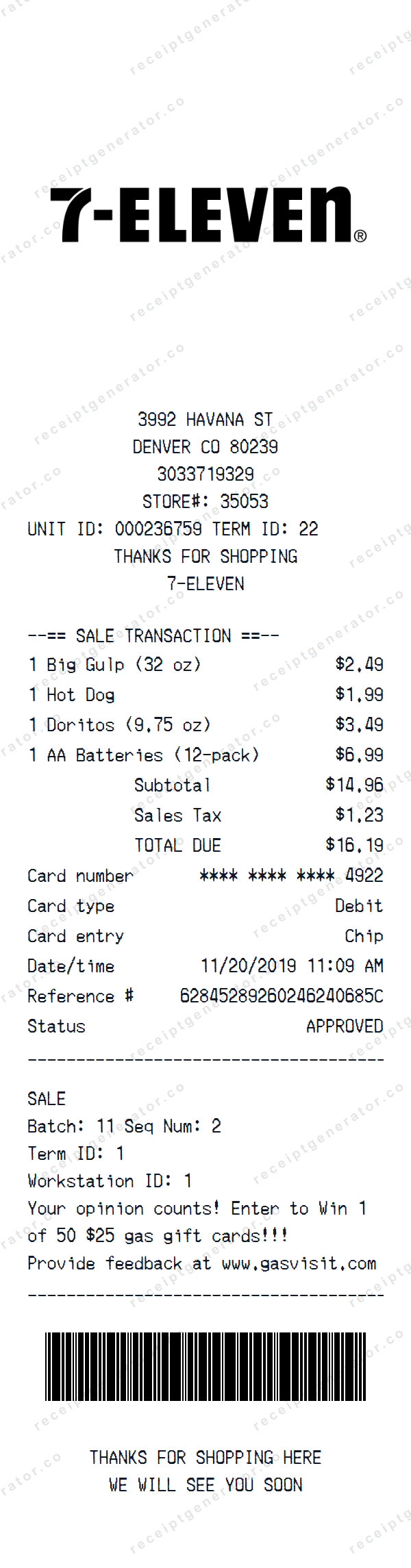7-Eleven Receipt Template 7-Eleven receipt template preview — realistic 7-Eleven receipt with items, prices, tax, and payment details