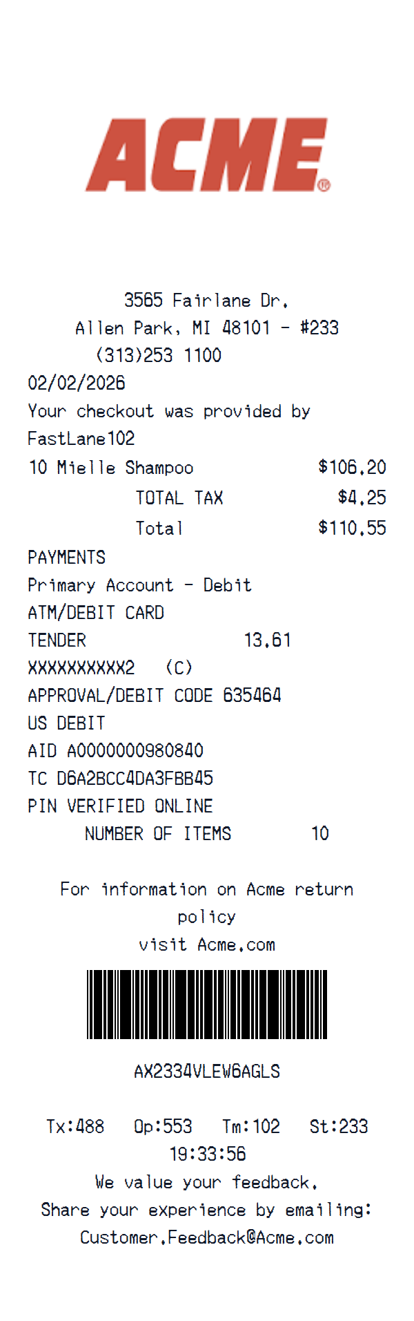 ACME Grocery Receipt preview