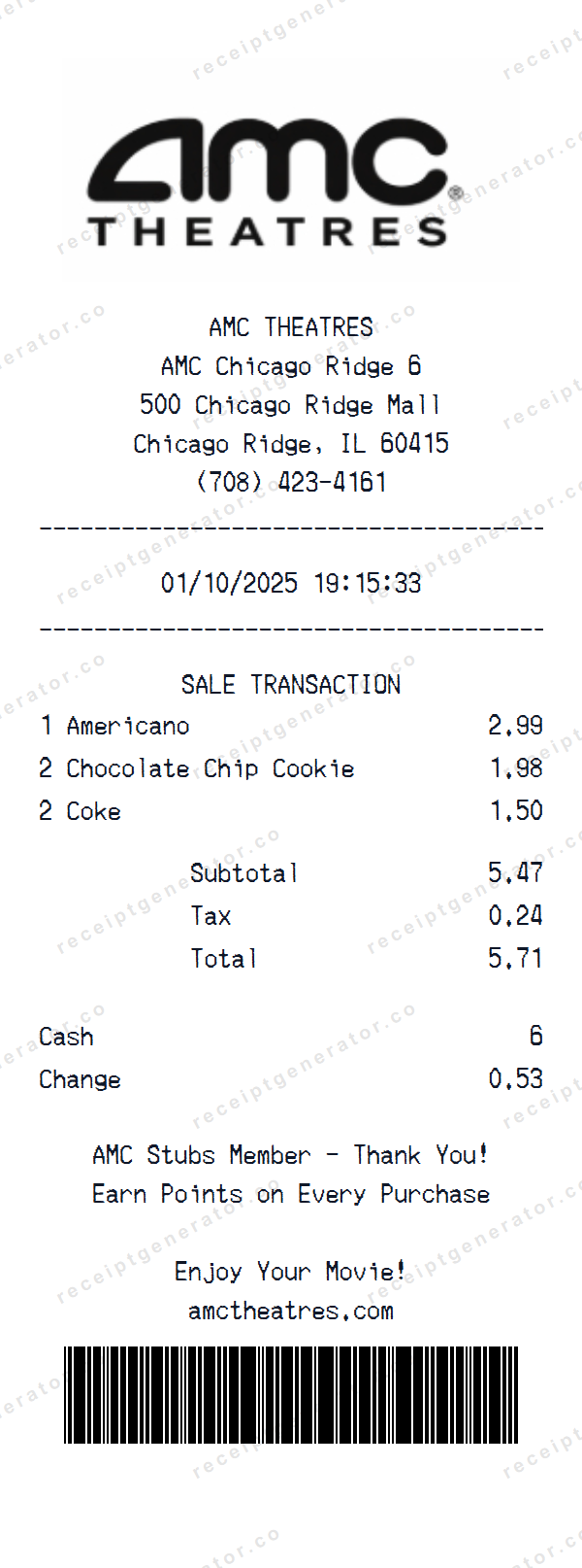 AMC Theatres Receipt Template AMC Theatres receipt template preview — realistic AMC Theatres receipt with items, prices, tax, and payment details