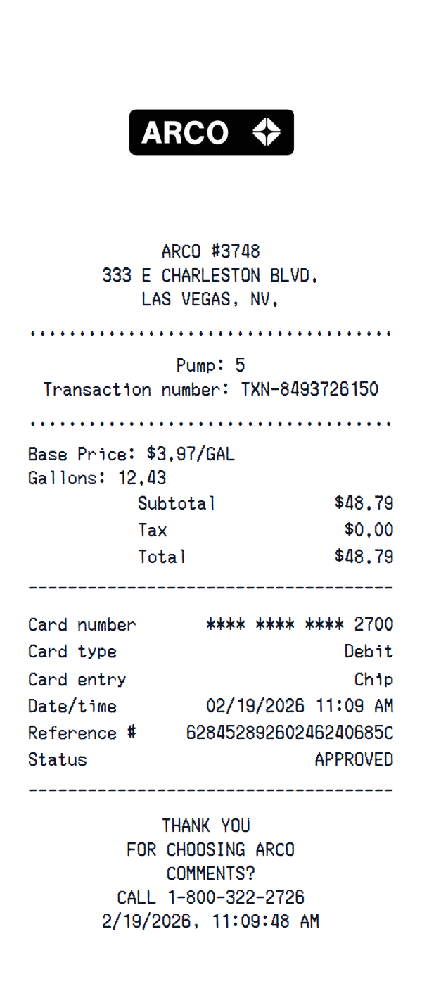 ARCO receipt example