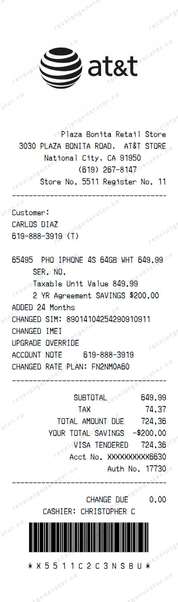 AT&T Retail Store Receipt Template AT&T Retail Store receipt template preview — realistic AT&T Retail Store receipt with items, prices, tax, and payment details