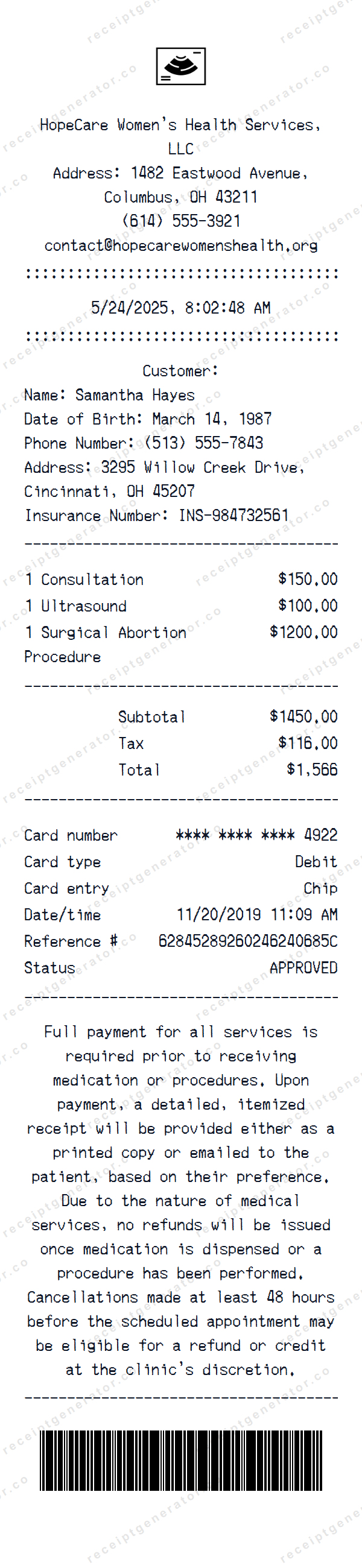 Abortion Receipt Template Abortion receipt template preview — realistic Abortion receipt with items, prices, tax, and payment details