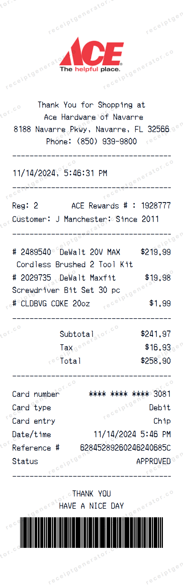 Ace Receipt Template Ace receipt template preview — realistic Ace receipt with items, prices, tax, and payment details