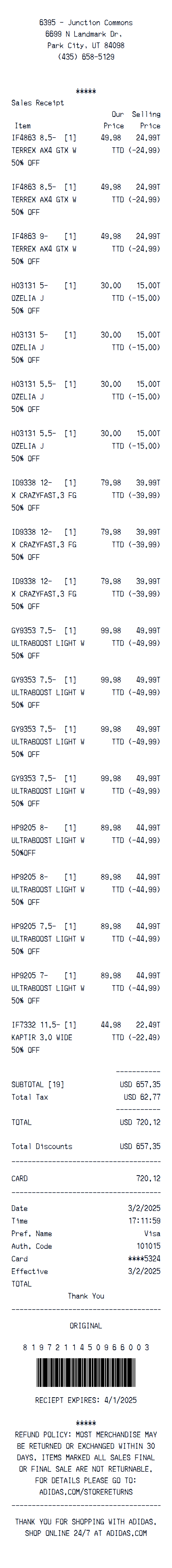 Adidas receipt example