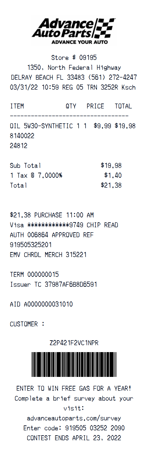 Advance Auto Parts receipt example