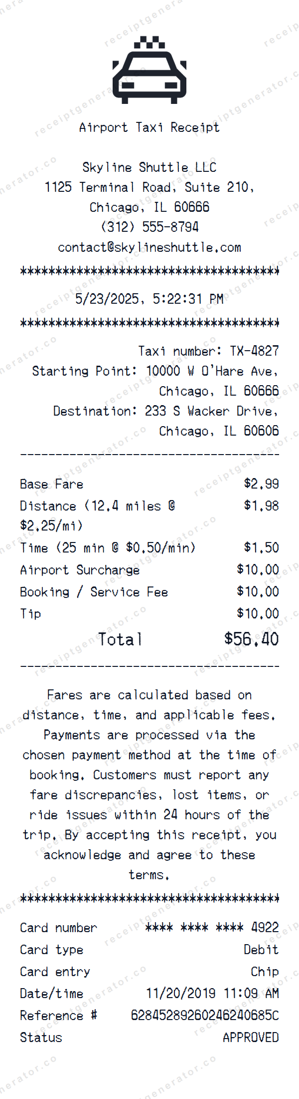 Airport Taxi Receipt Template Airport Taxi receipt template preview — realistic Airport Taxi receipt with items, prices, tax, and payment details