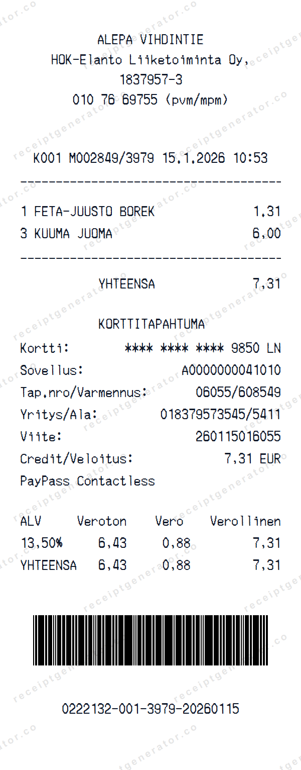 Alepa Receipt Template Alepa receipt template preview — realistic Alepa receipt with items, prices, tax, and payment details