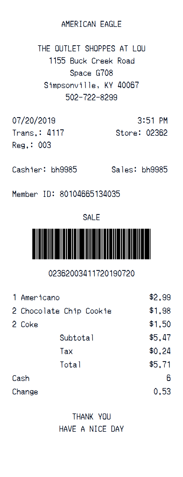 American Eagle receipt example