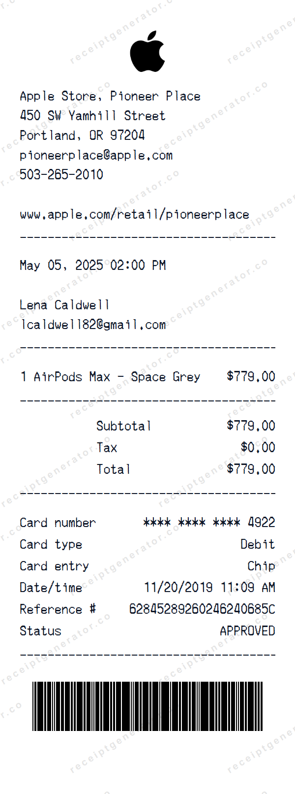 Apple Receipt Template Apple receipt template preview — realistic Apple receipt with items, prices, tax, and payment details