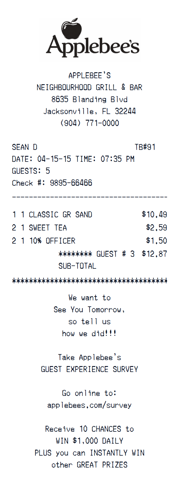 Applebee’s receipt example