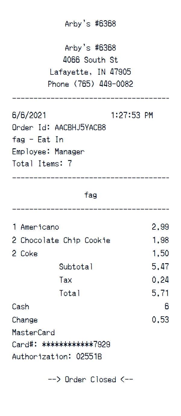 Arby’s receipt example