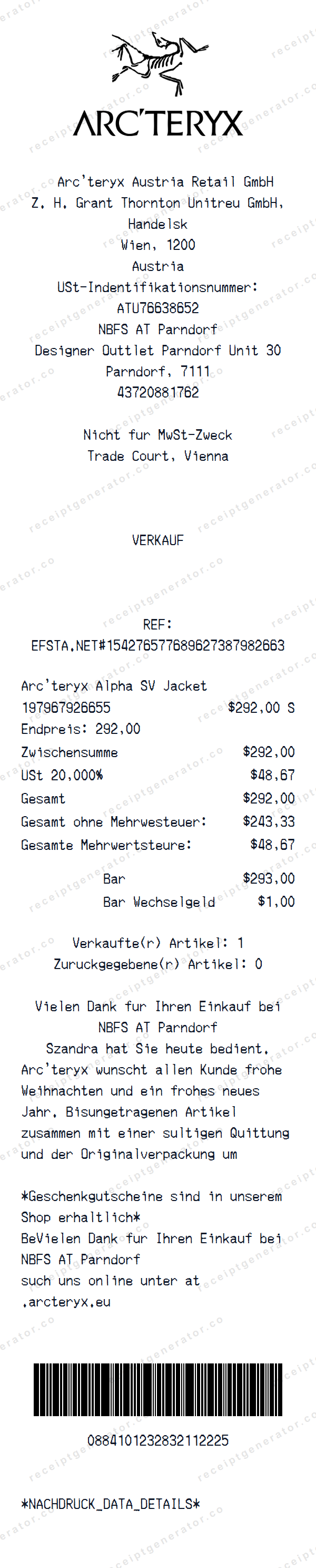 Arc'teryx Receipt Template Arc'teryx receipt template preview — realistic Arc'teryx receipt with items, prices, tax, and payment details