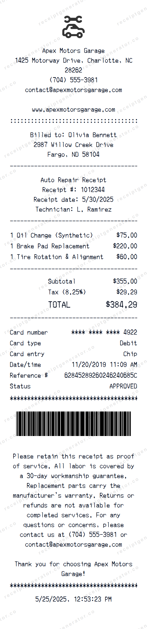 Auto Repair Receipt Template Auto Repair receipt template preview — realistic Auto Repair receipt with items, prices, tax, and payment details