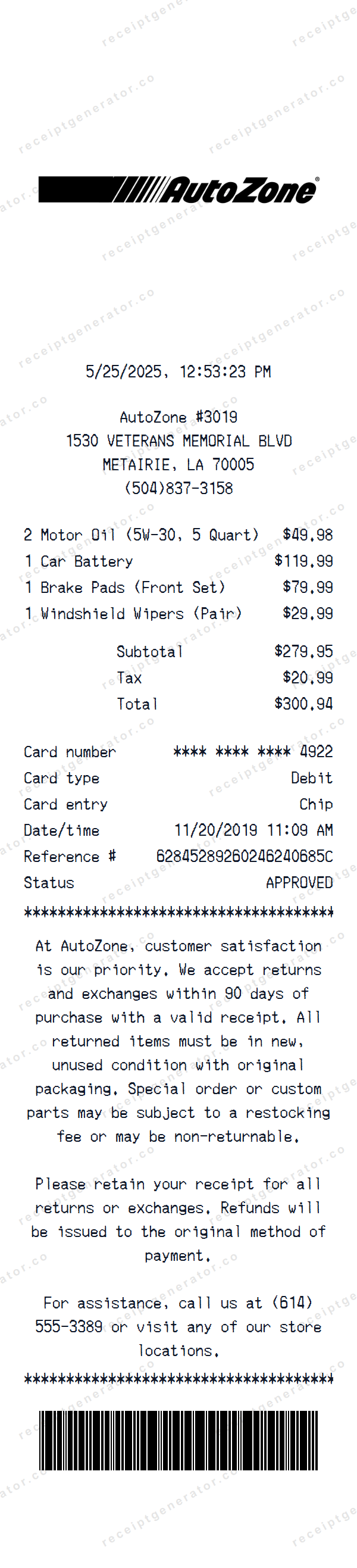 Autozone Receipt Template Autozone receipt template preview — realistic Autozone receipt with items, prices, tax, and payment details
