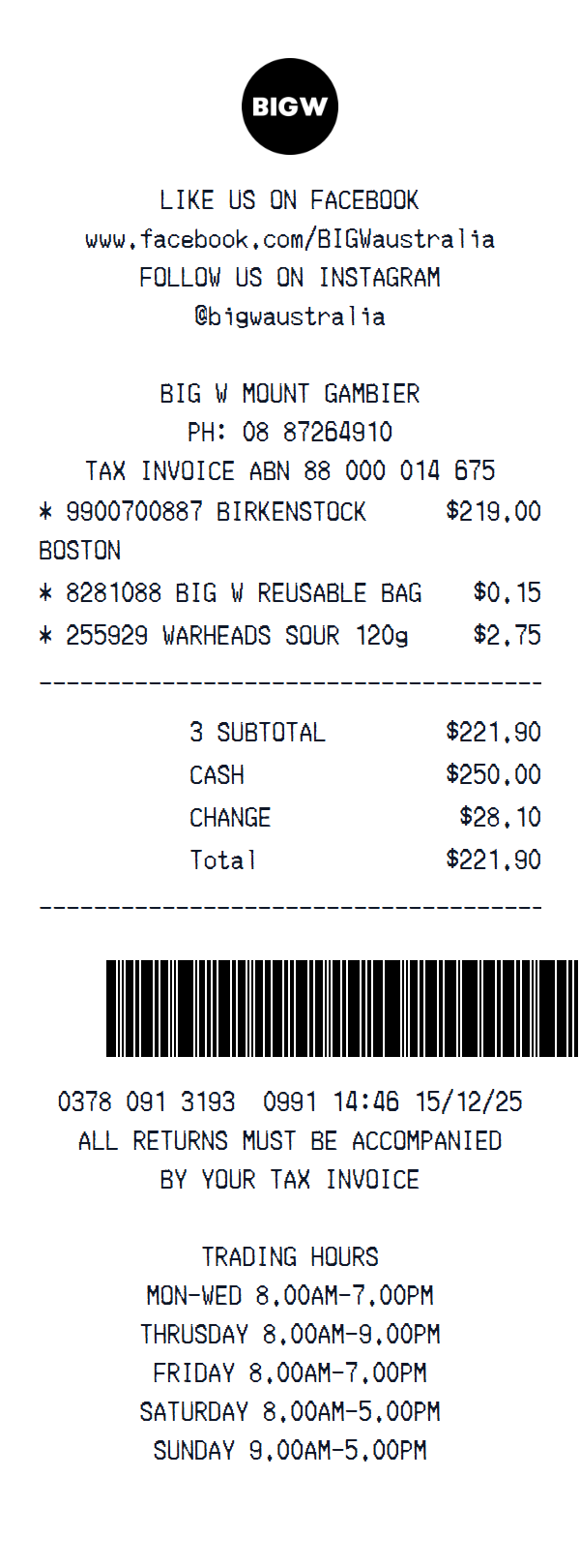 BIG W Receipt receipt example