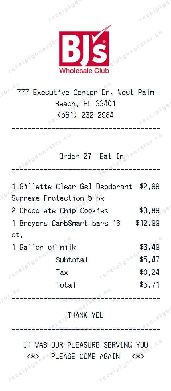 BJ’s Wholesale Club Receipt Receipt Template BJ’s Wholesale Club Receipt receipt template preview — realistic BJ’s Wholesale Club Receipt receipt with items, prices, tax, and payment details