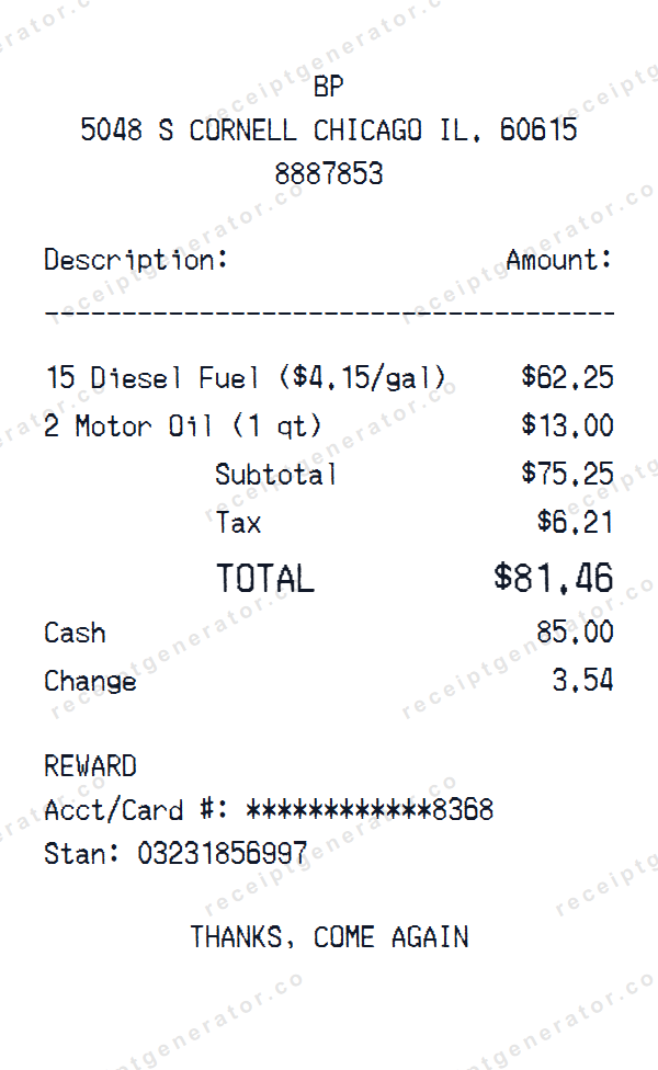 BP Receipt Template BP receipt template preview — realistic BP receipt with items, prices, tax, and payment details