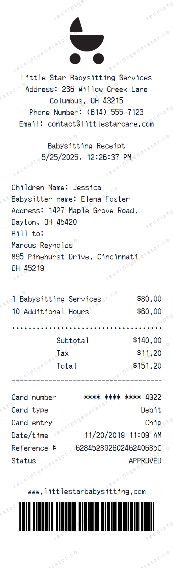 Babysitting Receipt Template Babysitting receipt template preview — realistic Babysitting receipt with items, prices, tax, and payment details