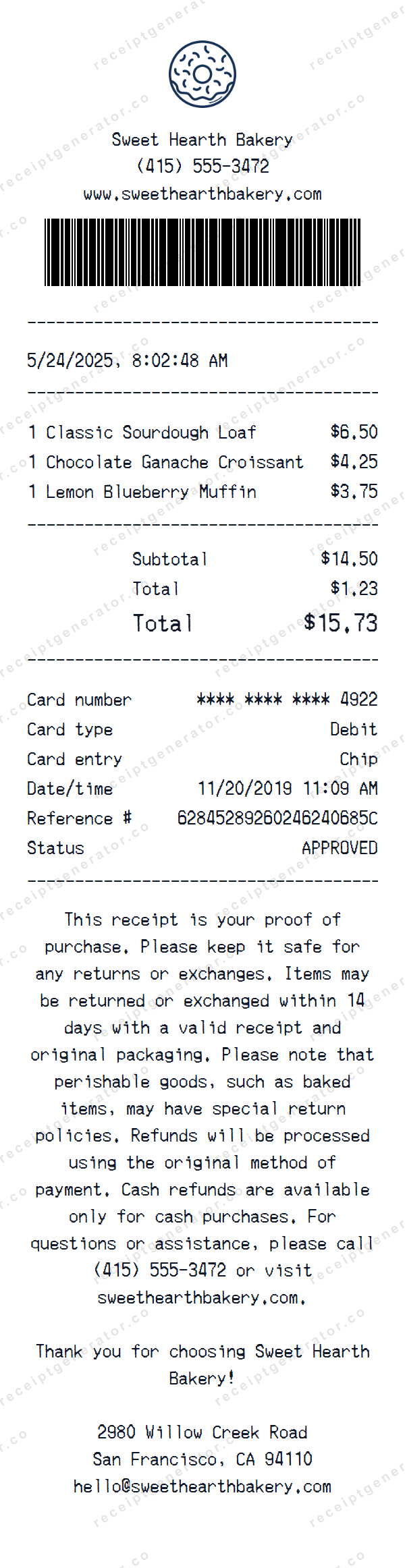 Bakery Receipt Template Bakery receipt template preview — realistic Bakery receipt with items, prices, tax, and payment details