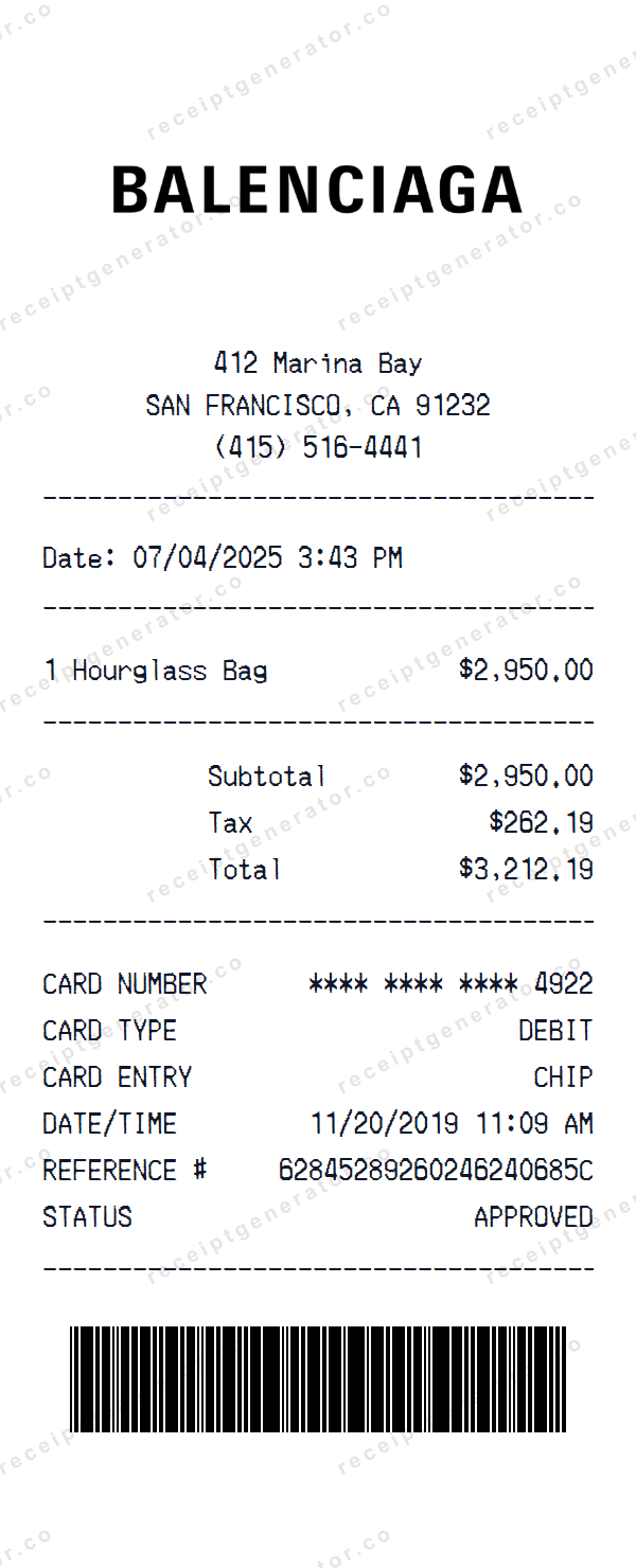 Balenciaga Receipt Template Balenciaga receipt template preview — realistic Balenciaga receipt with items, prices, tax, and payment details