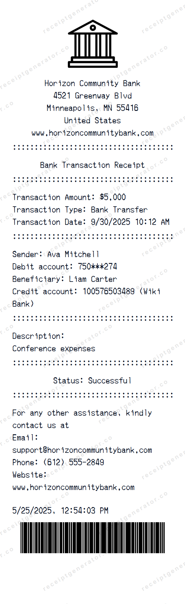 Bank Transaction Receipt Template Bank Transaction receipt template preview — realistic Bank Transaction receipt with items, prices, tax, and payment details