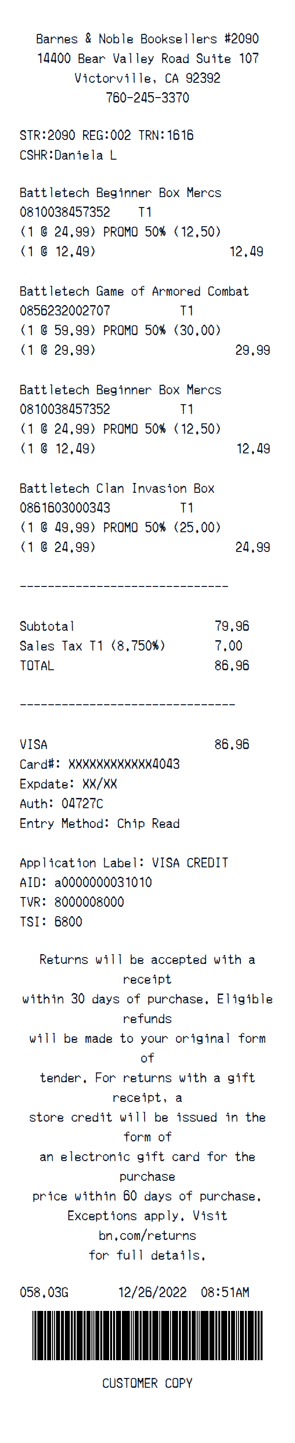 Barnes & Noble receipt example