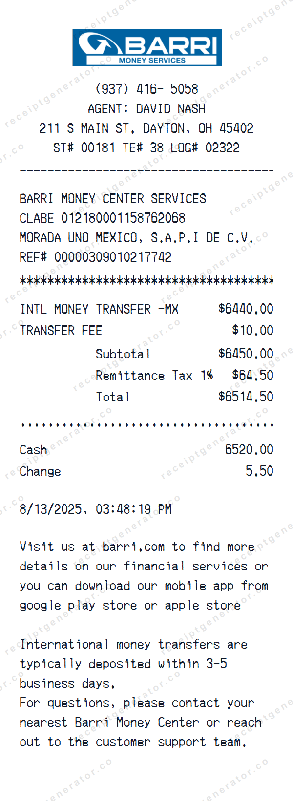 Money Transfer - Barri Receipt Template Money Transfer - Barri receipt template preview — realistic Money Transfer - Barri receipt with items, prices, tax, and payment details