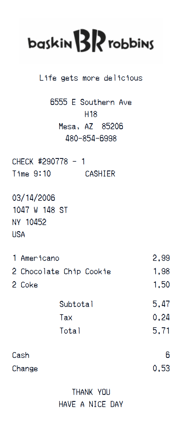 Baskin Robbins Receipt preview