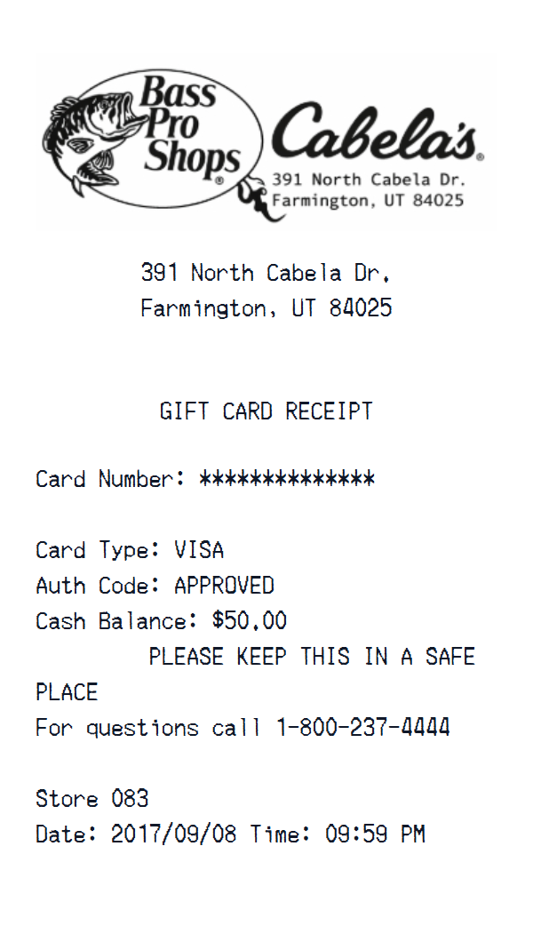 Bass Pro Shops - Cabela’s Gift Card receipt example