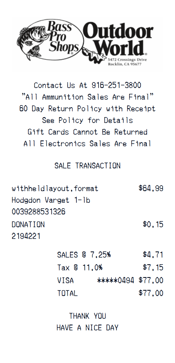 Bass Pro Shops Outdoor World receipt example