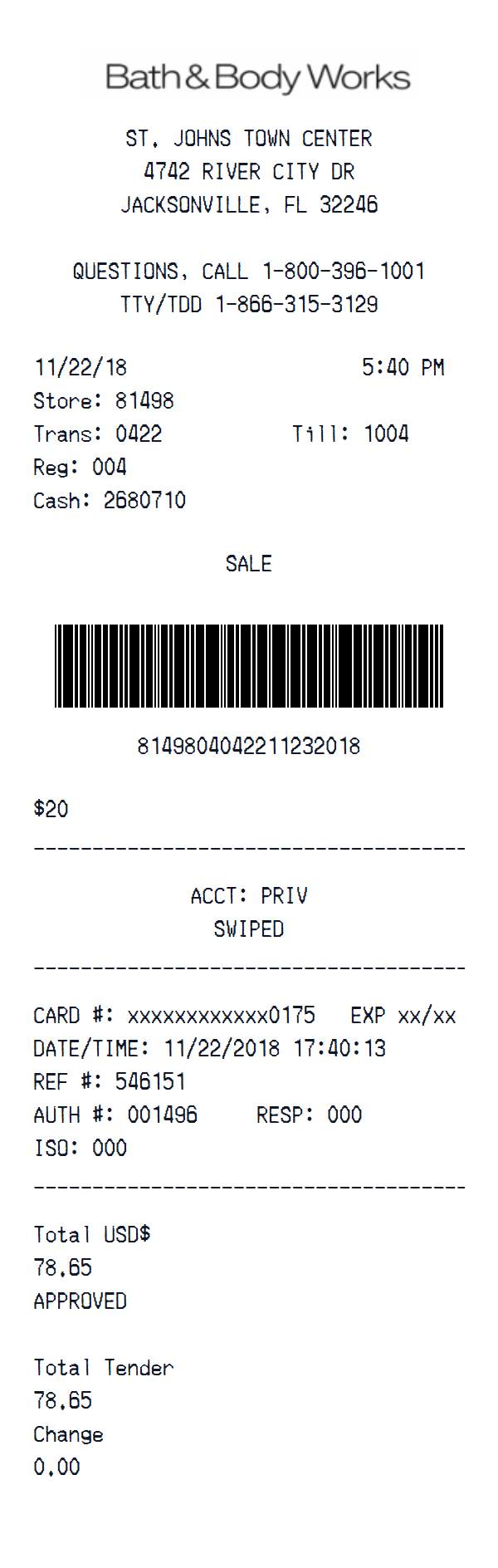 Bath & Body Works receipt example