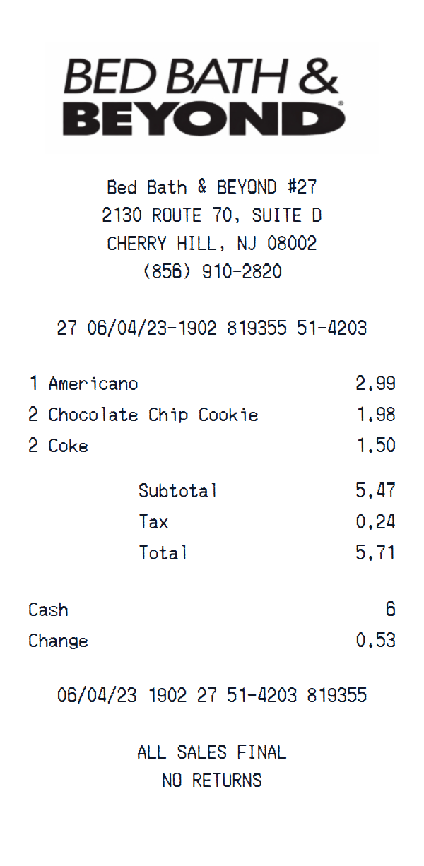Bed Bath & Beyond Receipt preview