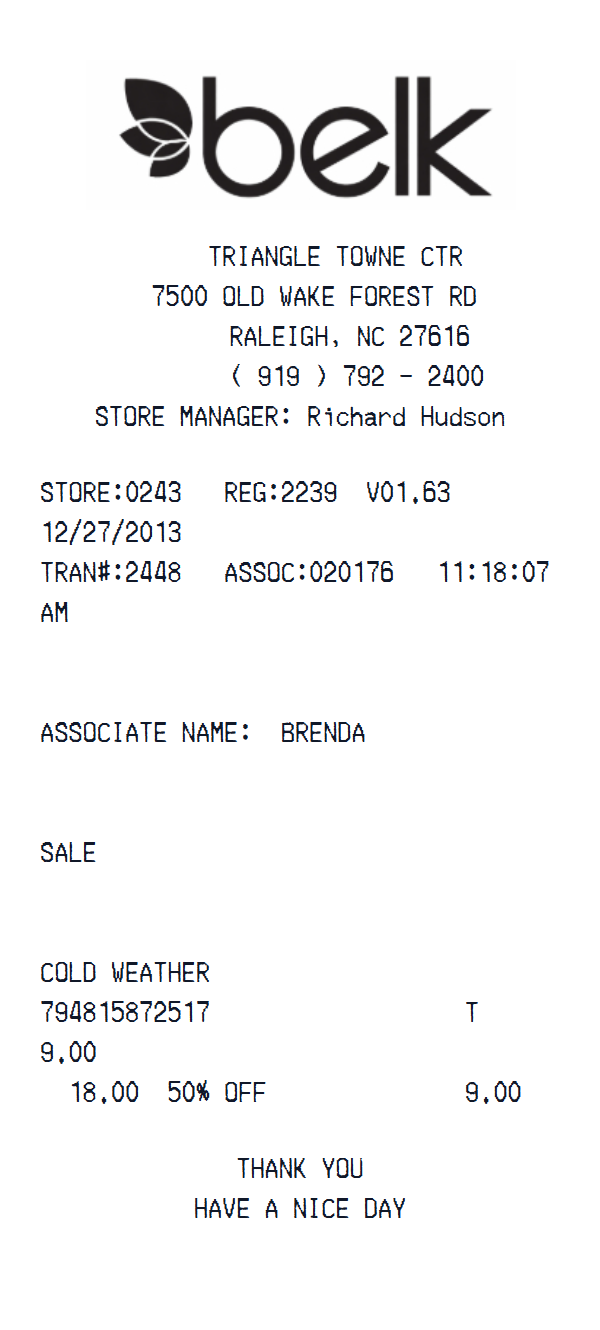 Belk receipt example