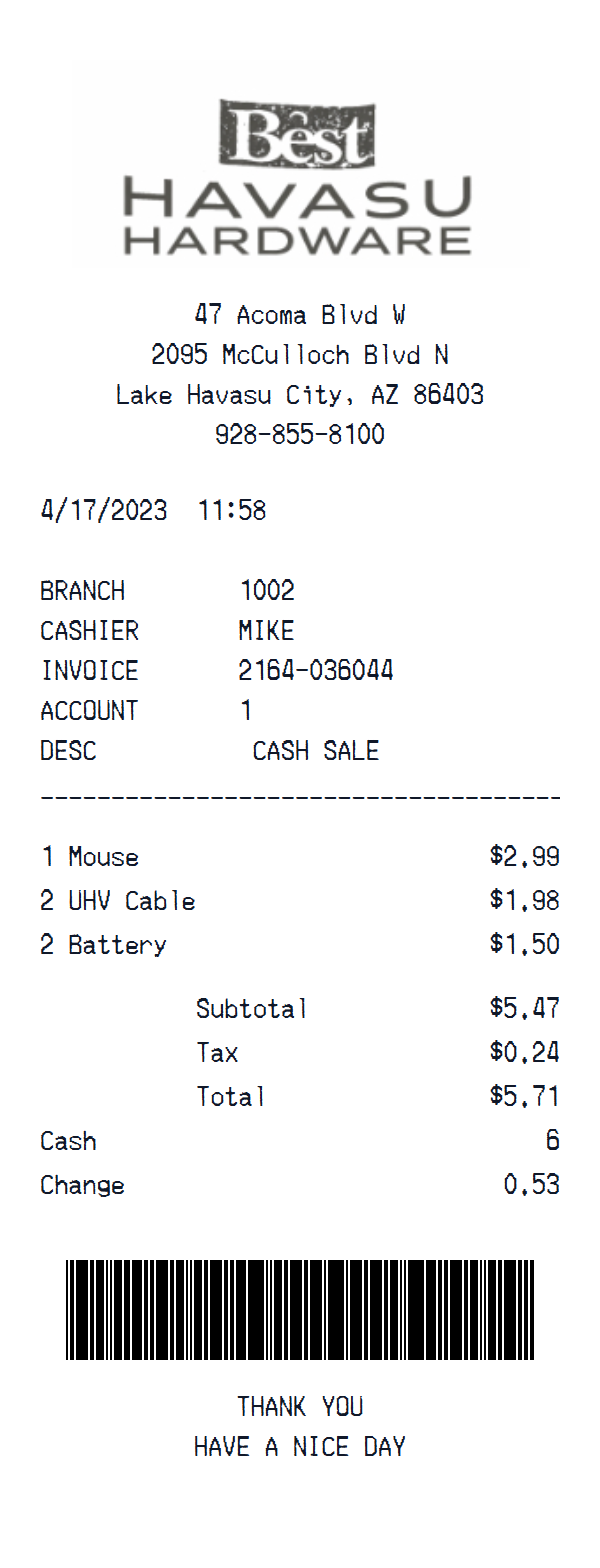 Best Havasu Hardware receipt example