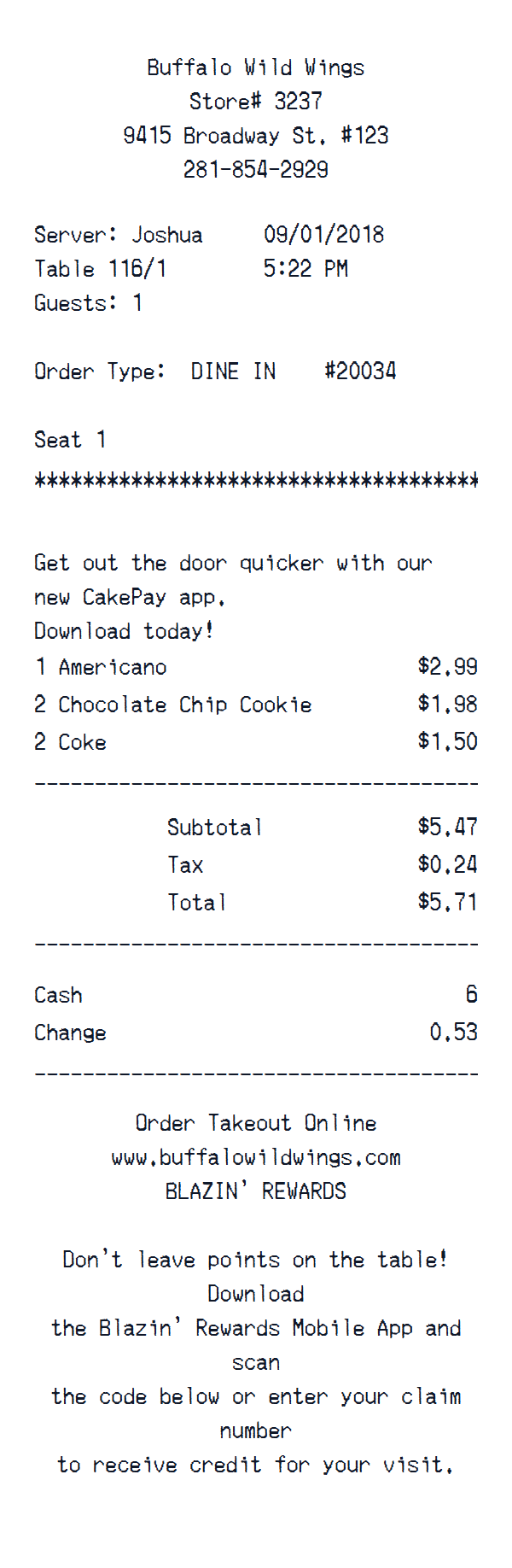 Buffalo Wild Wings receipt example