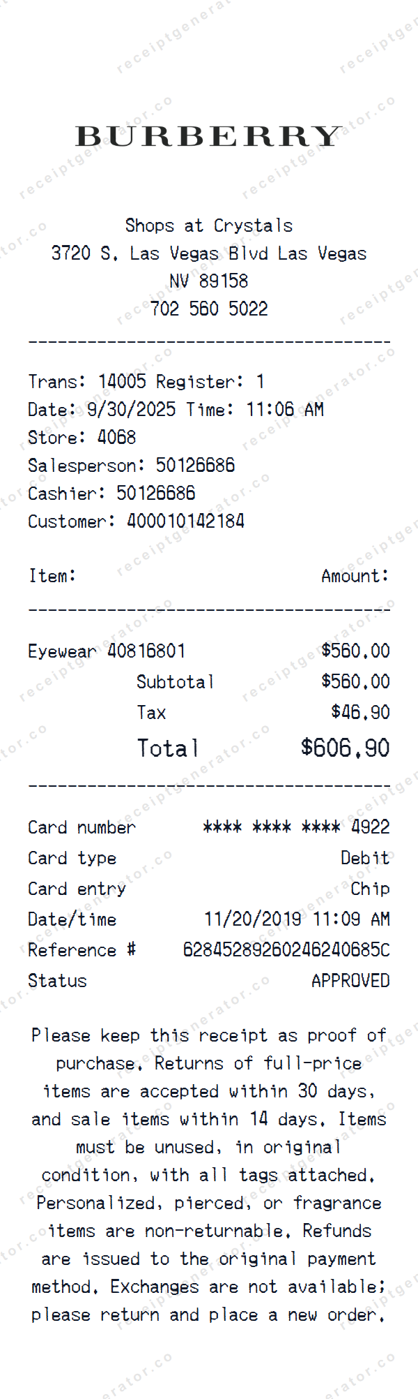 Burberry Receipt Template Burberry receipt template preview — realistic Burberry receipt with items, prices, tax, and payment details