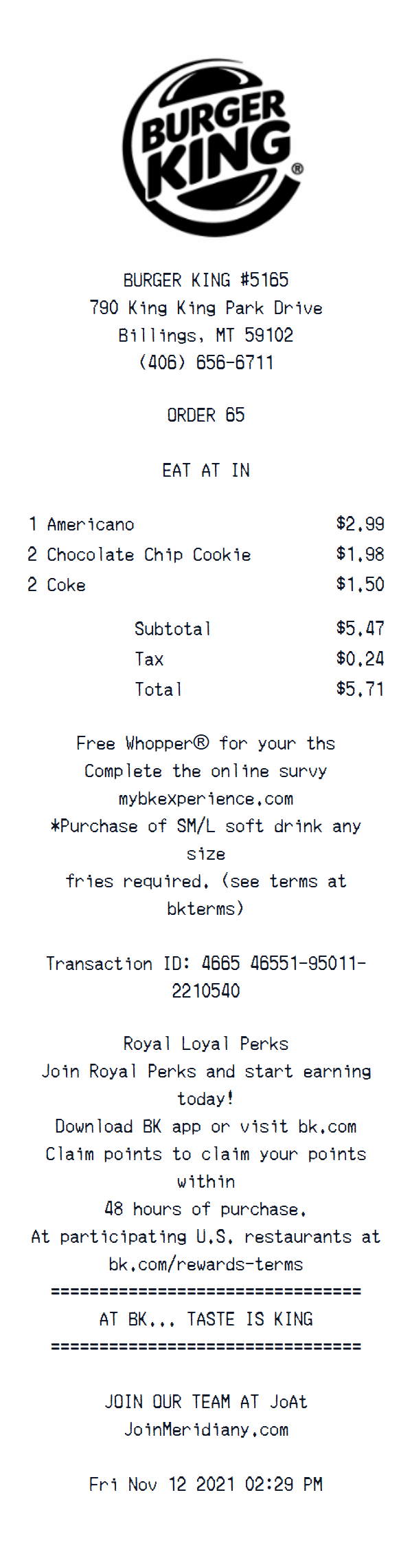 Burger King receipt example