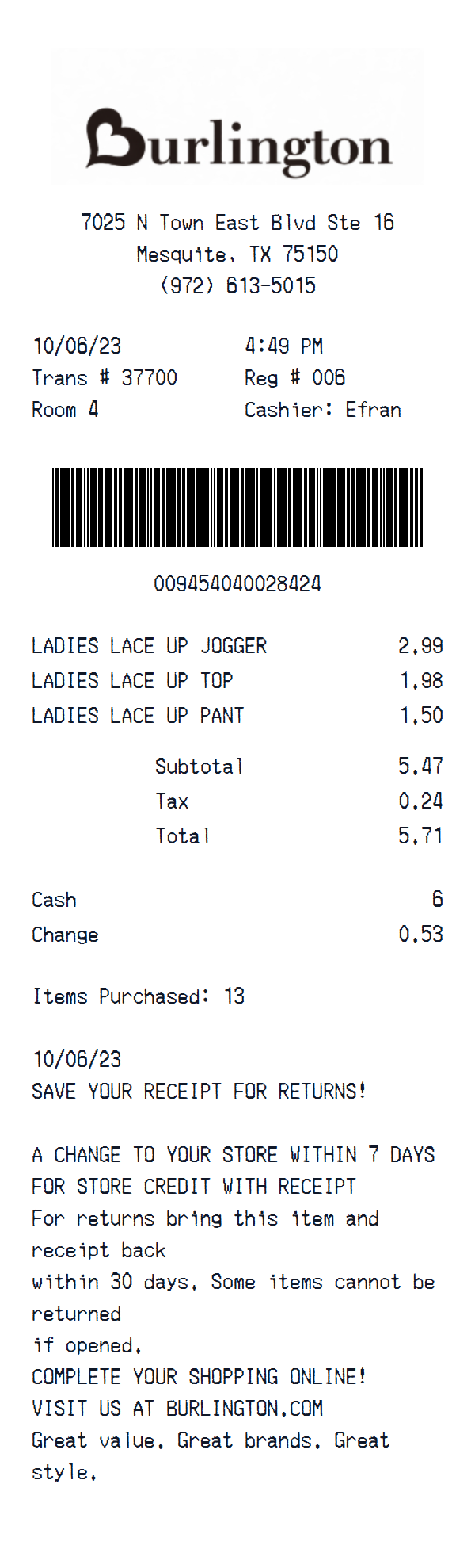 Burlington receipt example