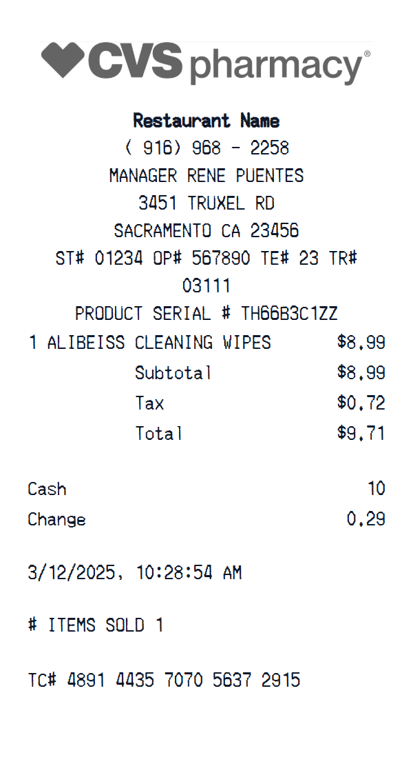 CVS Pharmacy receipt example