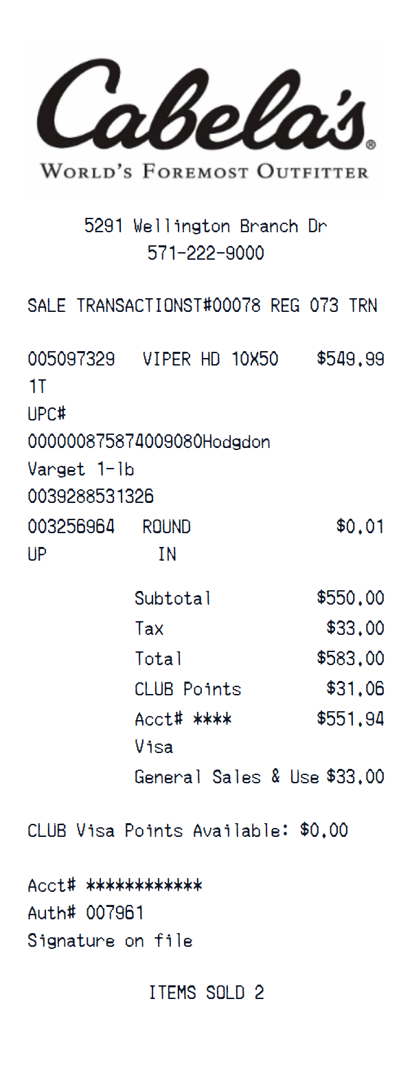 Cabela’s receipt example