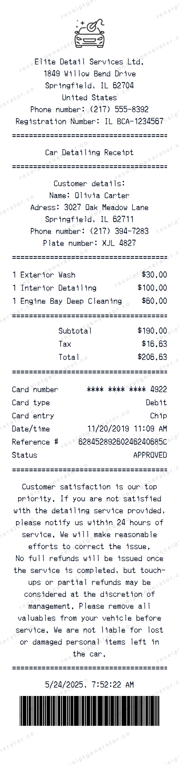 Car Detailing Receipt Template Car Detailing receipt template preview — realistic Car Detailing receipt with items, prices, tax, and payment details