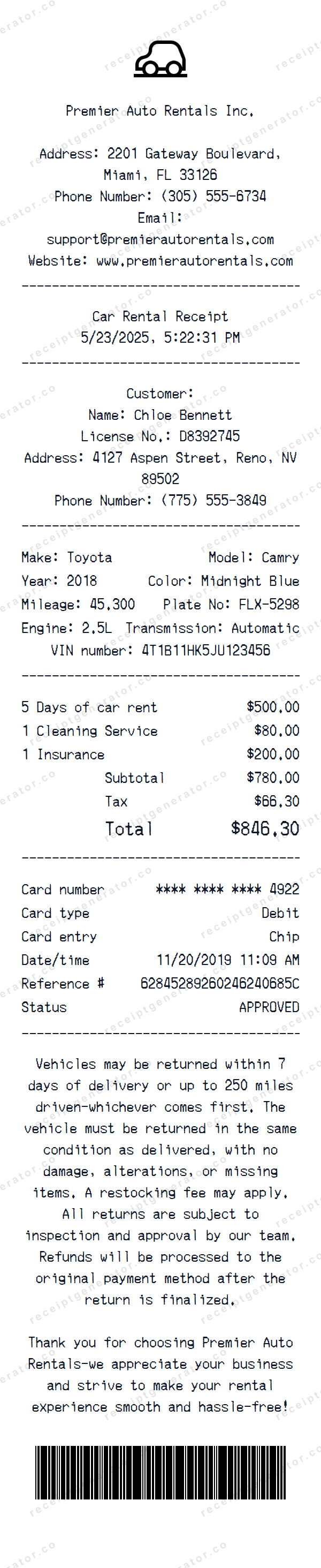 Car Rental Receipt Template Car Rental receipt template preview — realistic Car Rental receipt with items, prices, tax, and payment details