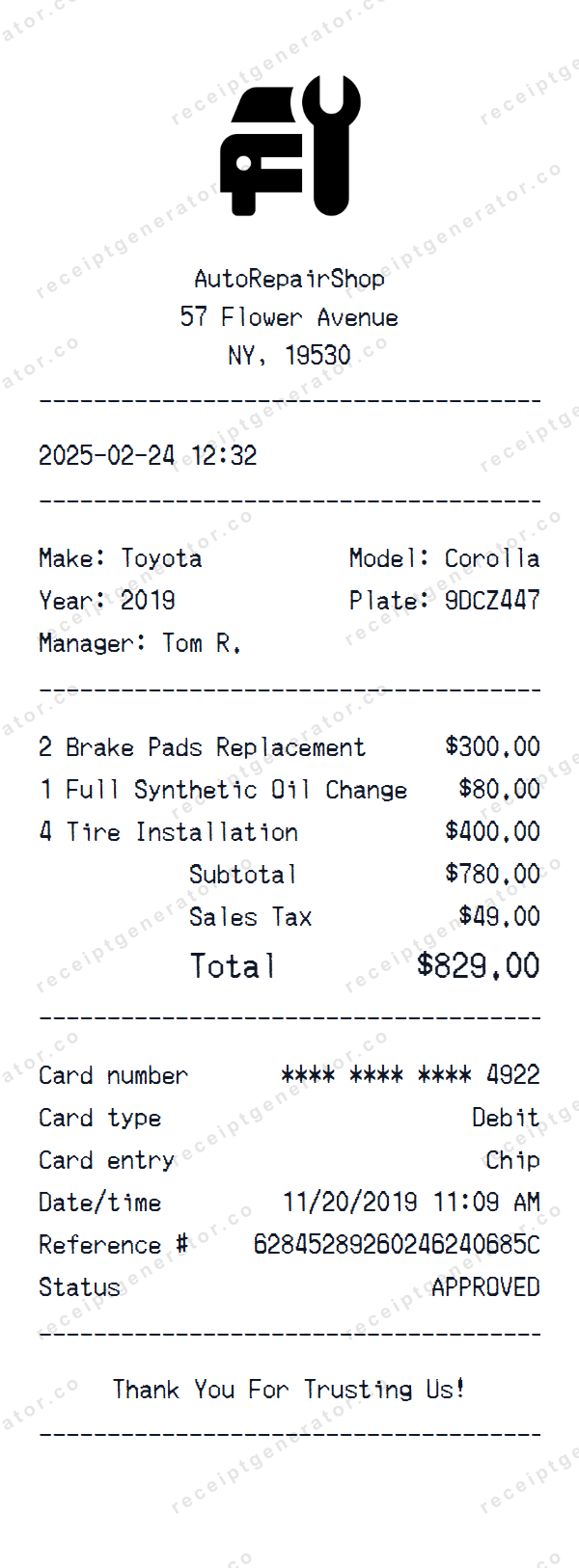 Car Repair Receipt Template Car Repair receipt template preview — realistic Car Repair receipt with items, prices, tax, and payment details