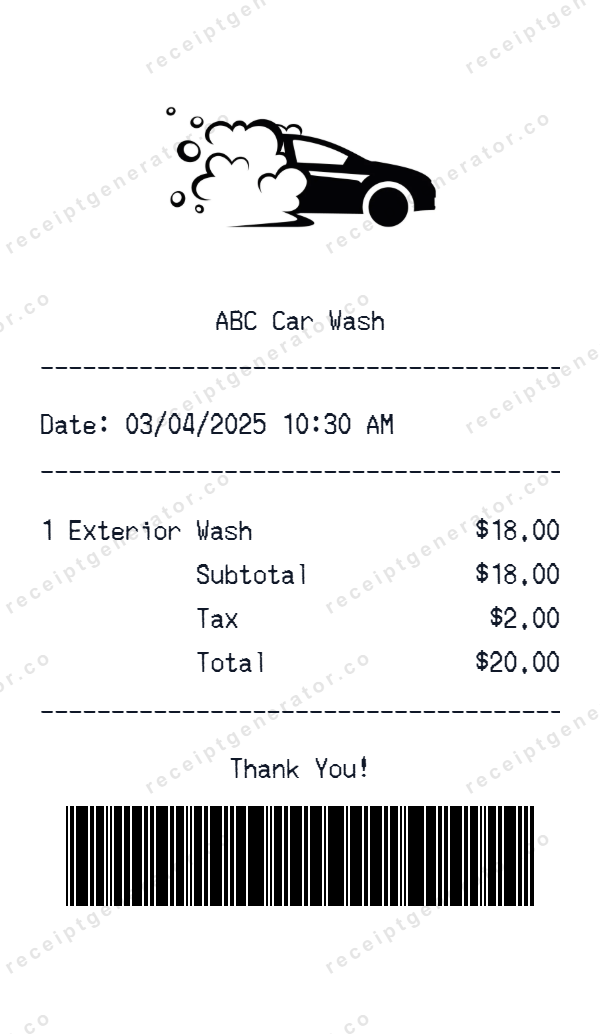Car Wash Receipt Template Car Wash receipt template preview — realistic Car Wash receipt with items, prices, tax, and payment details