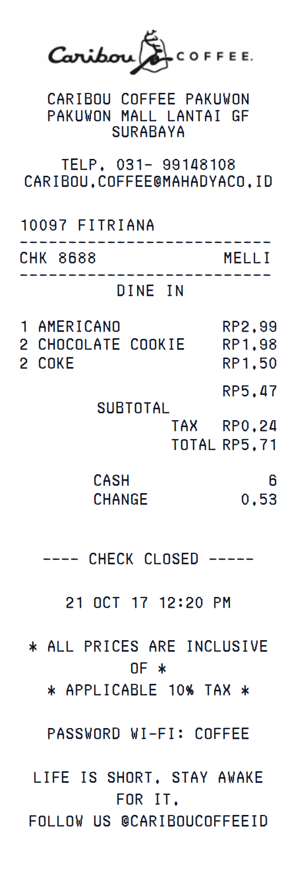 Caribou Coffee receipt example
