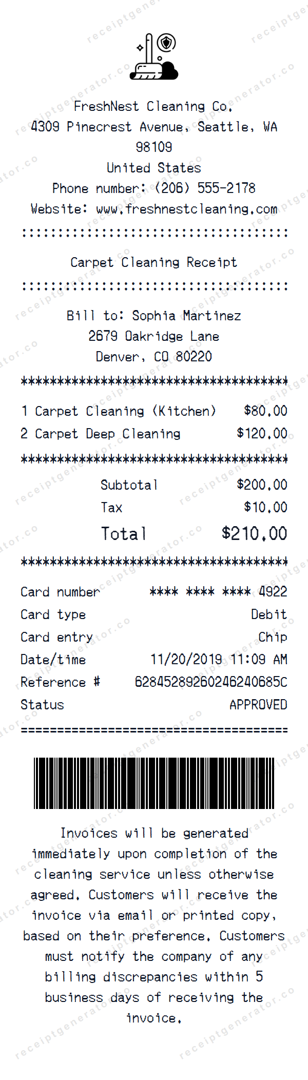 Carpet Cleaning Receipt Template Carpet Cleaning receipt template preview — realistic Carpet Cleaning receipt with items, prices, tax, and payment details