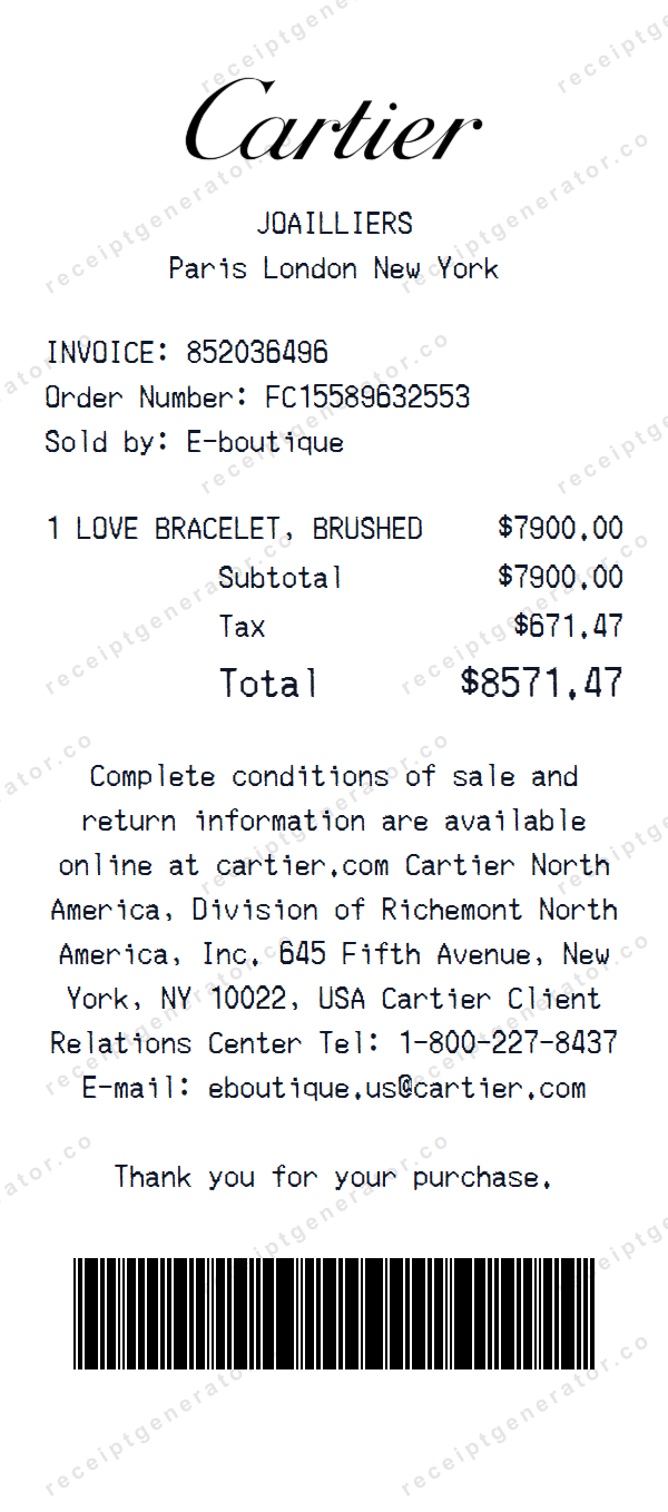 Cartier Receipt Template Cartier receipt template preview — realistic Cartier receipt with items, prices, tax, and payment details