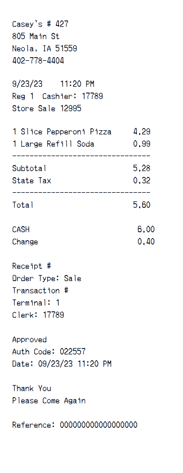Casey’s receipt example