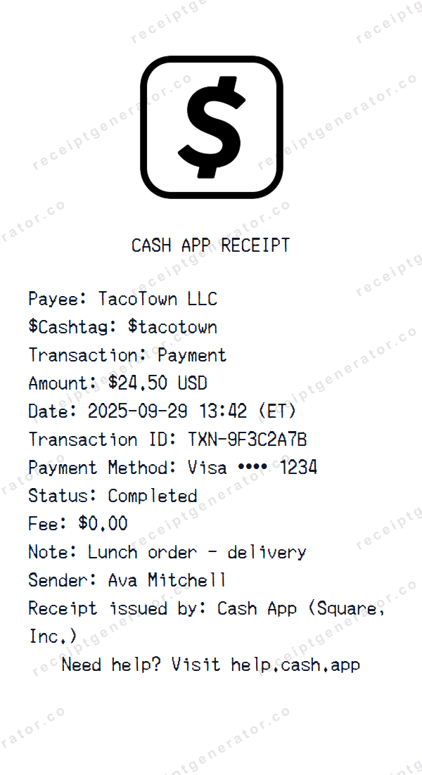 Cash App Receipt Template Cash App receipt template preview — realistic Cash App receipt with items, prices, tax, and payment details